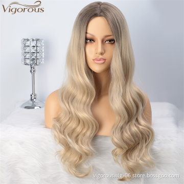 Top selling Curly wave afro high quality fiber blonde brown long hair wigs lace front ombre synthetic hair wigs